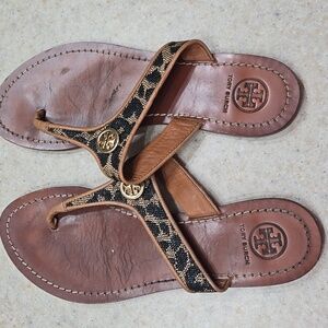 Tory Burch Tan Black Animal Print Cameron Thong Flat Sandals 8 Logo Summer Brown